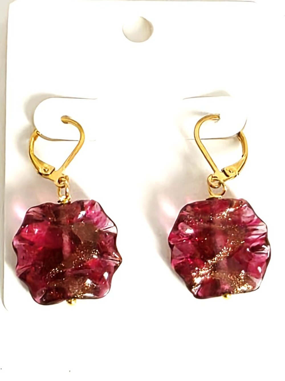 Dark pink glass & gold-tone stainless steel earrings